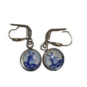 vintage Dutch Delft Blue White Silver style porcelain Dangle earrings windmill